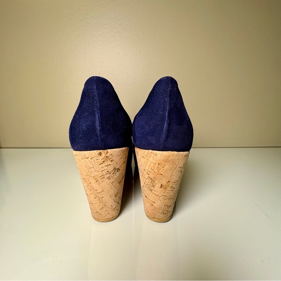 Stuart Weitzman Anna blue suede peep-toe platform cork wedge pumps Size 7.5 - Picture 2 of 9